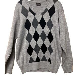 Sword Ozle Collection Knit Argyle V-Neck Sweater Mens Size L Gray Black Retro